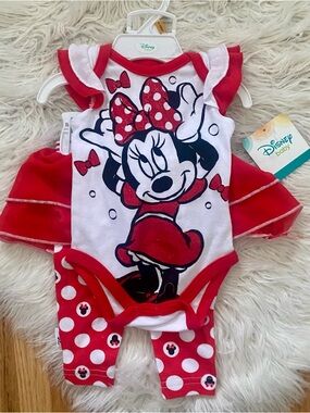 Disney Baby Minnie Mouse 2 Piece Set Onesie Skirt Red White Size 0-3 months Girl